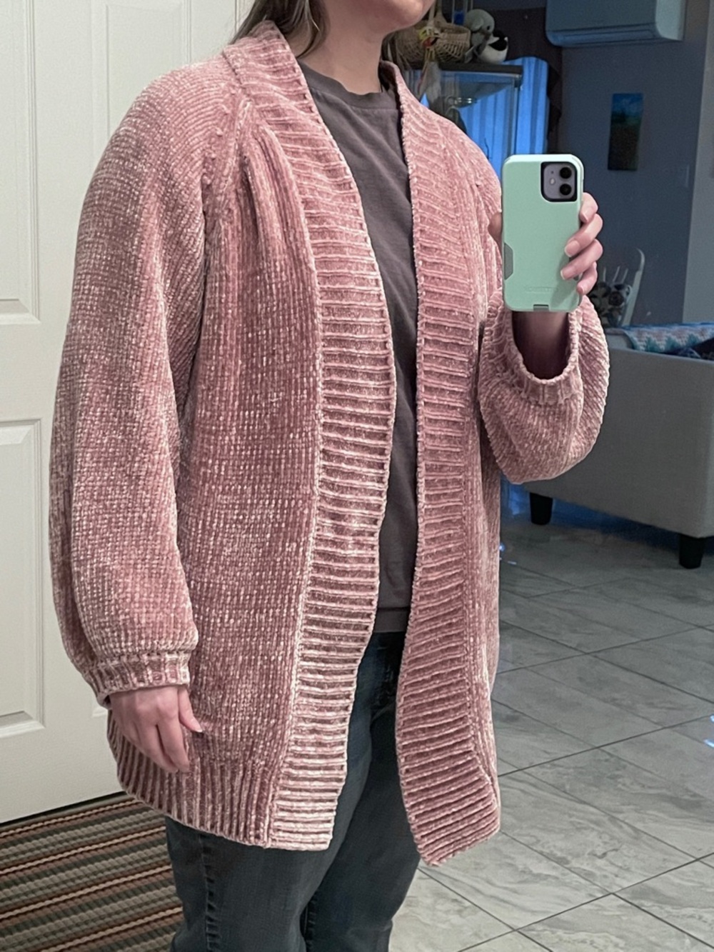 Dusty rose pink soft plush polyester acrylic cardigan
